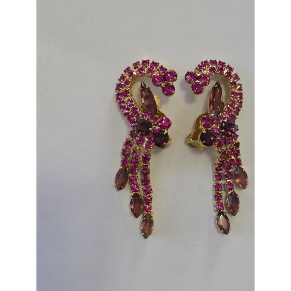 VTG Juliana Delizza Elster Earrings Purple Pink Ornate Dangle Waterfall Clip On - Picture 6 of 12